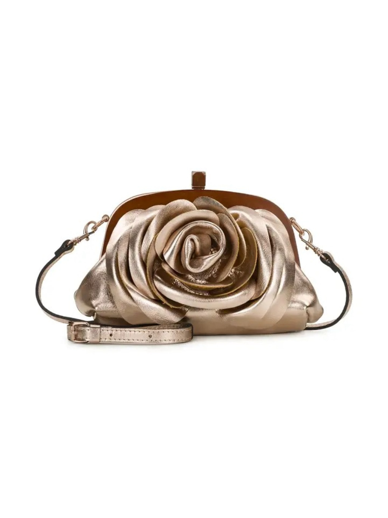 Joelle Wooden Frame Crossbody - Vintage Distressed Metallic Rose Bloom Clutch